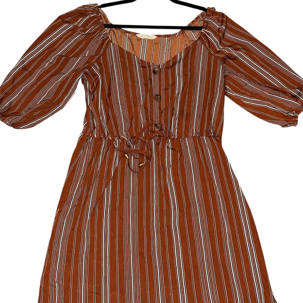 BROWN STRIPED DRESS WITH WAIST TIE